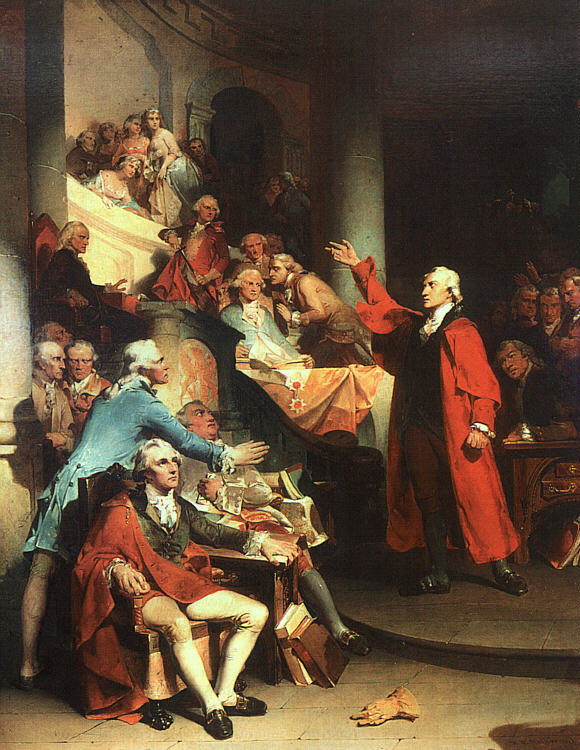 Patrick Henry in the House of Burgesses of Virginia, Delivering his Celebrated Speech Against the St